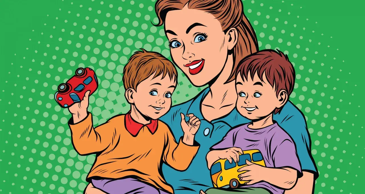 Mutter mit zwei Kindern, die Spielzeugautos halten. Sie ermutigt sie, ihre eigene Meinung zu bilden, während sie spielen.
