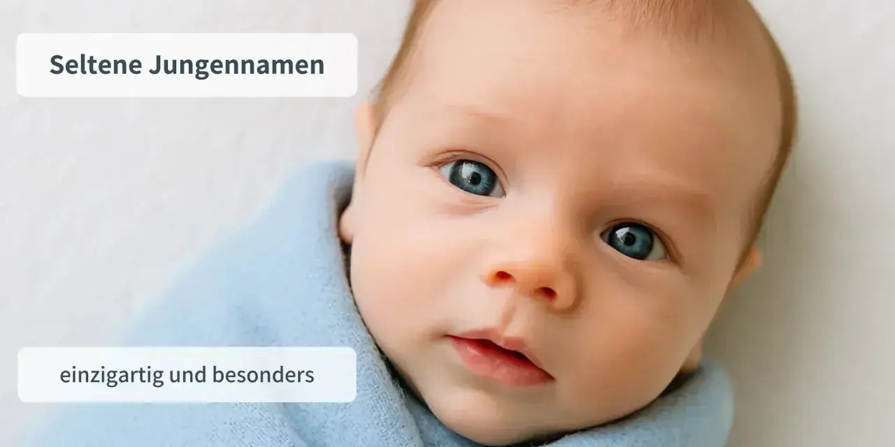 Ein süßer Junge mit blauen Augen, eingewickelt in eine blaue Decke. Der Text im Bild spricht von klangvollen Jungennamen, einzigartig und besonders.
