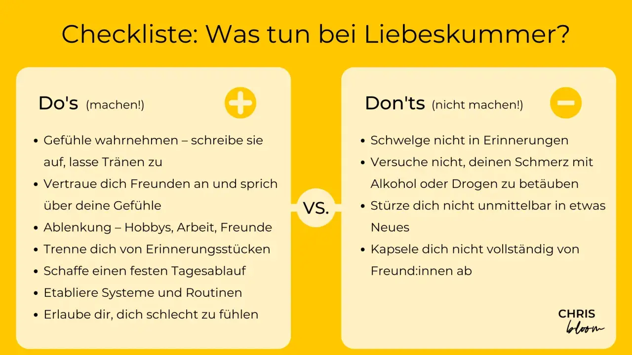 Checkliste: Was tun bei Liebeskummer? Tipps für Jungs: Gefühle zulassen, Freunde einbeziehen, Ablenkung suchen. Nicht in Erinnerungen schwelgen oder Schmerz betäuben.
