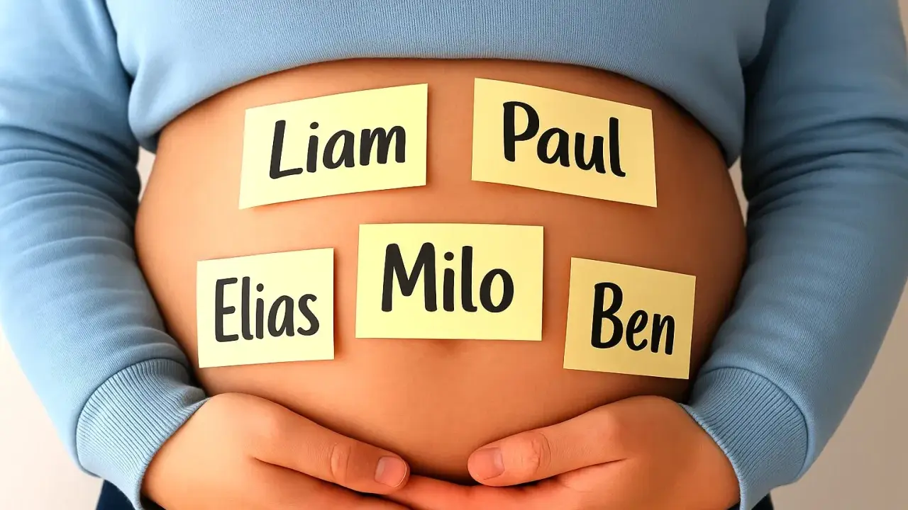 Bauch mit Haftnotizen: Liam, Paul, Elias, Milo, Ben. Eine Auswahl an seltenen Jungennamen für das kommende Baby.