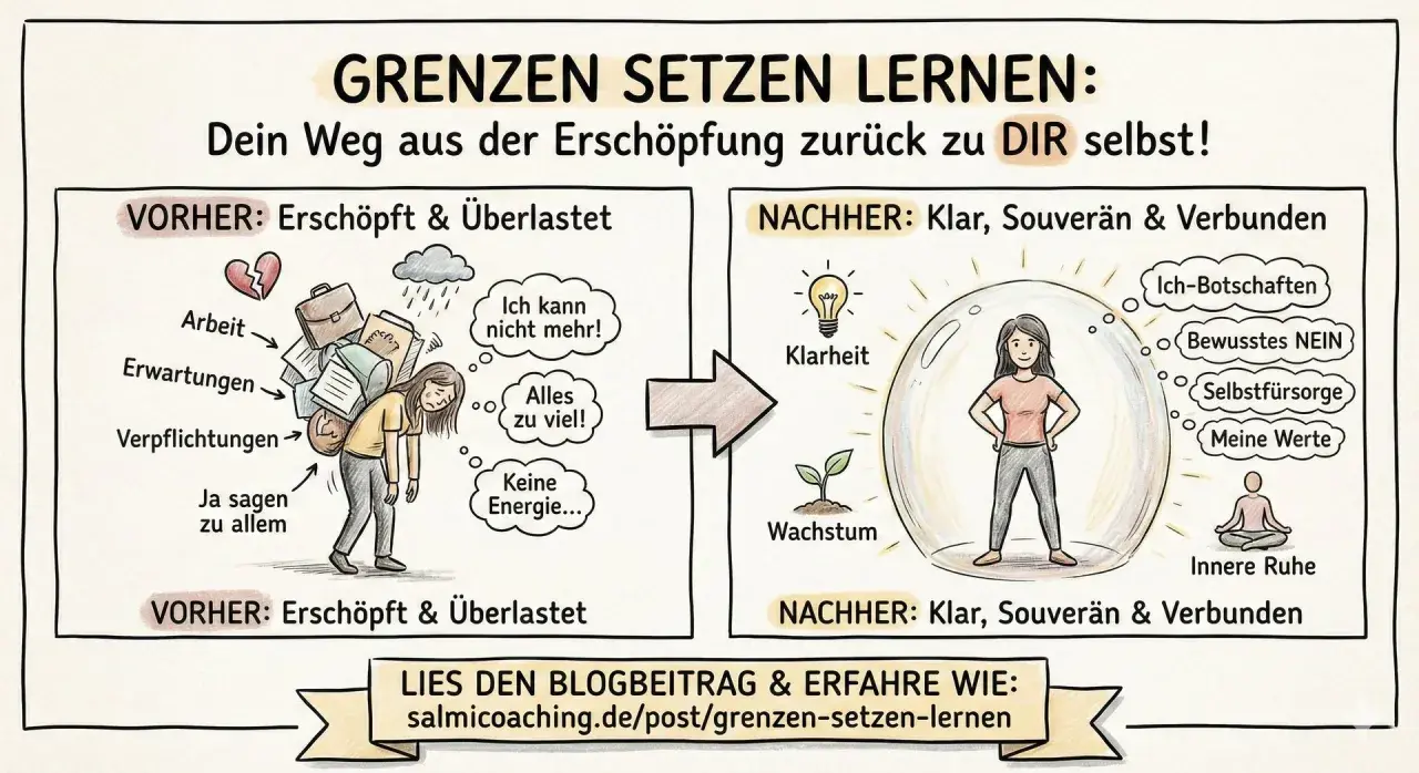 Vorher: Überlastet durch Arbeit, Erwartungen, Verpflichtungen, Ja sagen zu allem. Nachher: Klarheit, Wachstum, Ich-Botschaften, bewusstes NEIN, Selbstfürsorge, Werte, innere Ruhe. Hilft auch bei Distanzlosigkeit bei Kindern mit ADHS.