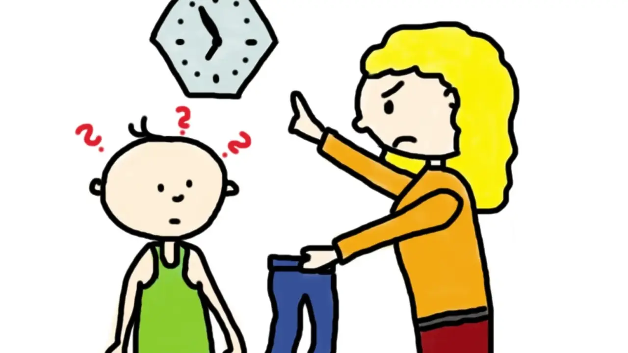 Eine Mutter hält eine Hose hoch und zeigt auf die Uhr. Das Kind ist verwirrt. Konsequent sein ist wichtig.
