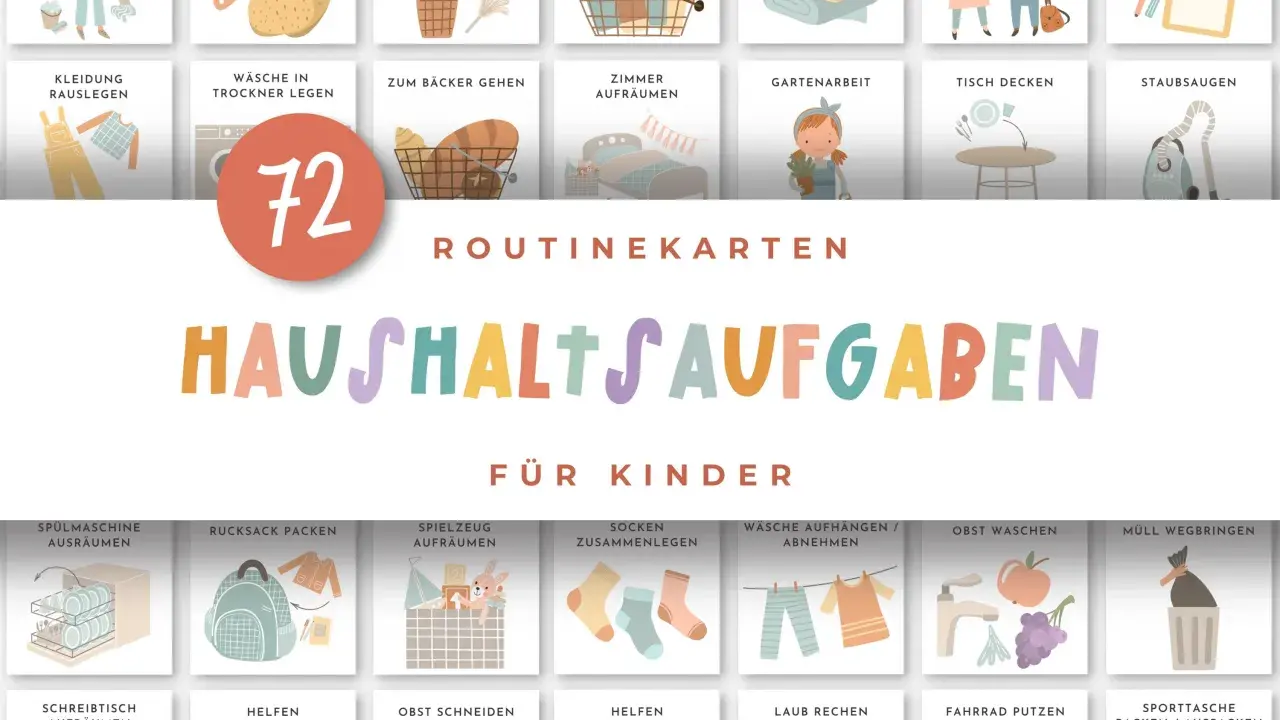 Bilder zeigen verschiedene Aufgaben, bei denen Kinder im Haushalt helfen, wie Wäsche falten, Staub wischen und den Tisch decken.