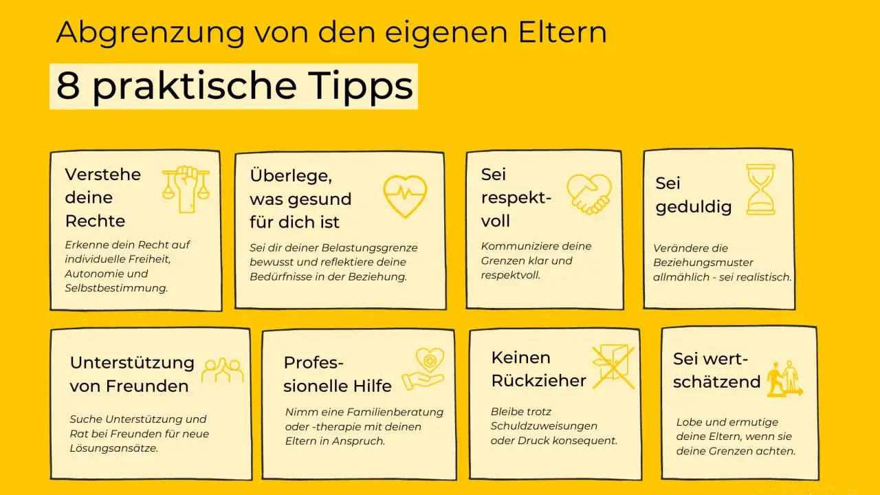 Abgrenzung von Eltern: 8 Tipps. Wenn meine Mutter mir nicht gut tut, helfe ich mir mit Selbstbestimmung, gesunden Grenzen, Respekt, Geduld, Freunden, professioneller Hilfe, Konsequenz und Wertschätzung.