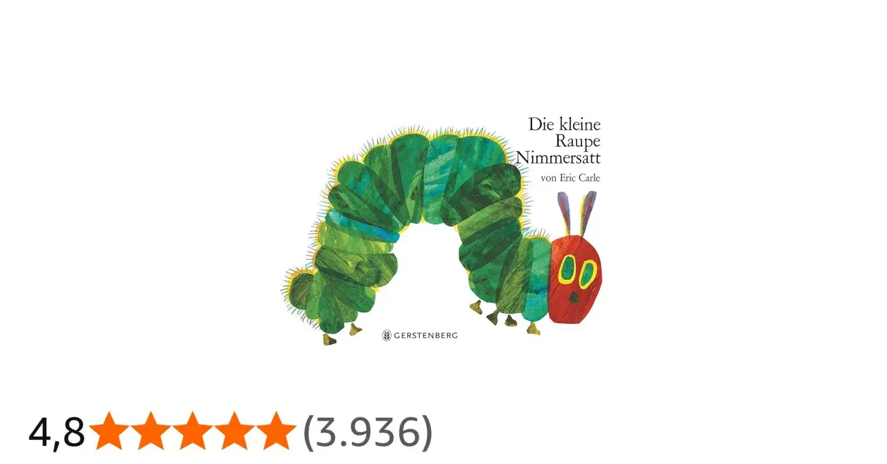 Die kleine Raupe Nimmersatt von Eric Carle, eine bunte Raupe, die sich durch die Seiten frisst.