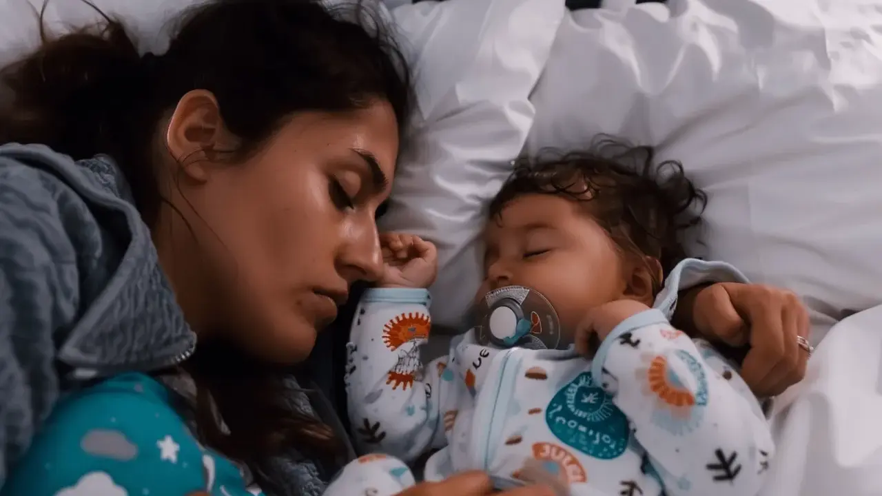 Mutter und Baby schlafen eng aneinander gekuschelt im Bett. Das Baby hat einen Schnuller im Mund. Ein friedlicher Moment, der zeigt, dass man nicht immer alleine ins Bett gehen muss.