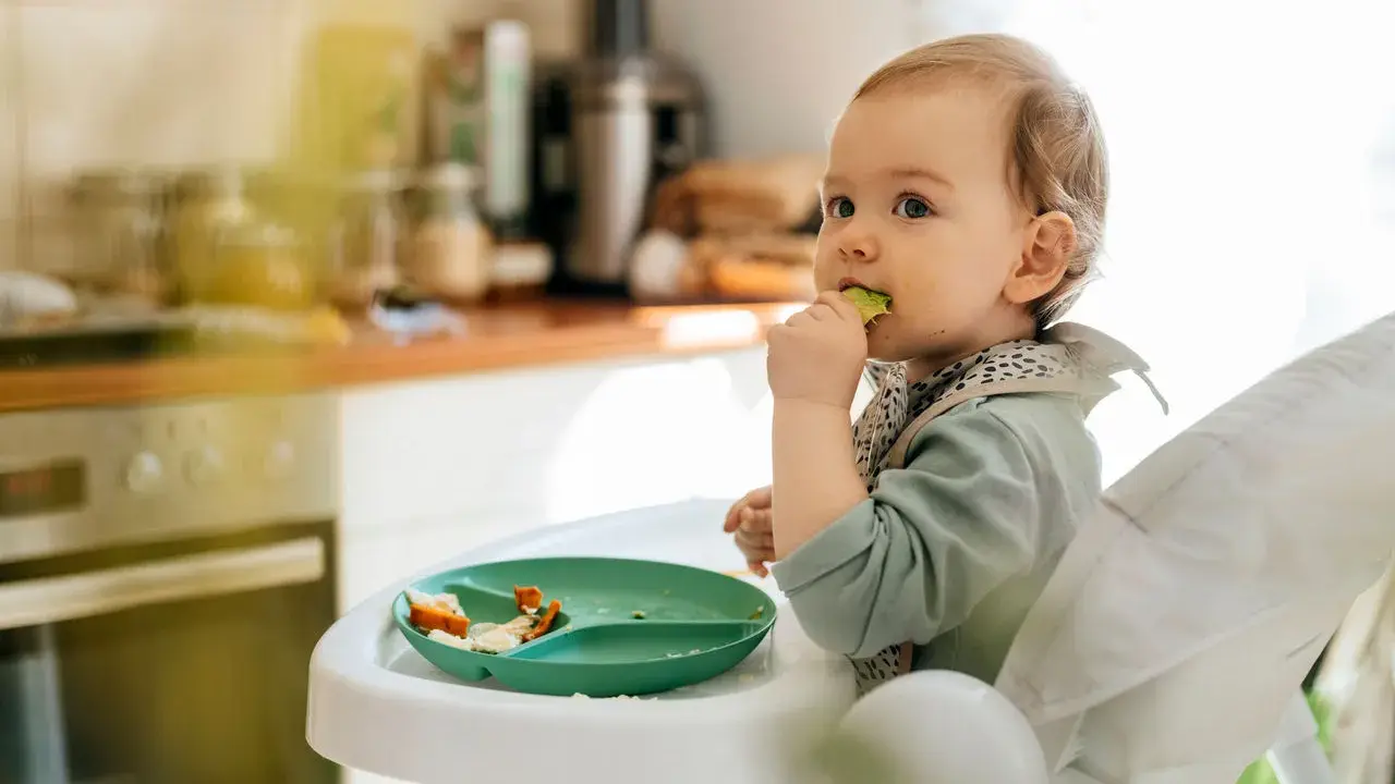 Ein 14 Monate altes Baby in der Autonomiephase isst selbstständig am Hochstuhl.
