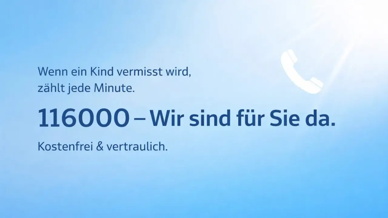 Wenn ein Kind nicht nach Hause kommt, zählt jede Minute. Die Polizei ist unter 116000 erreichbar. Kostenfrei & vertraulich.