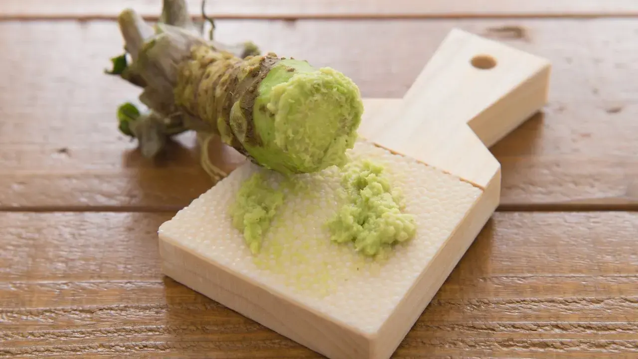 Frisch geriebener Wasabi auf einem Holzbrett. Auch in der Schwangerschaft kann Wasabi in Maßen genossen werden.