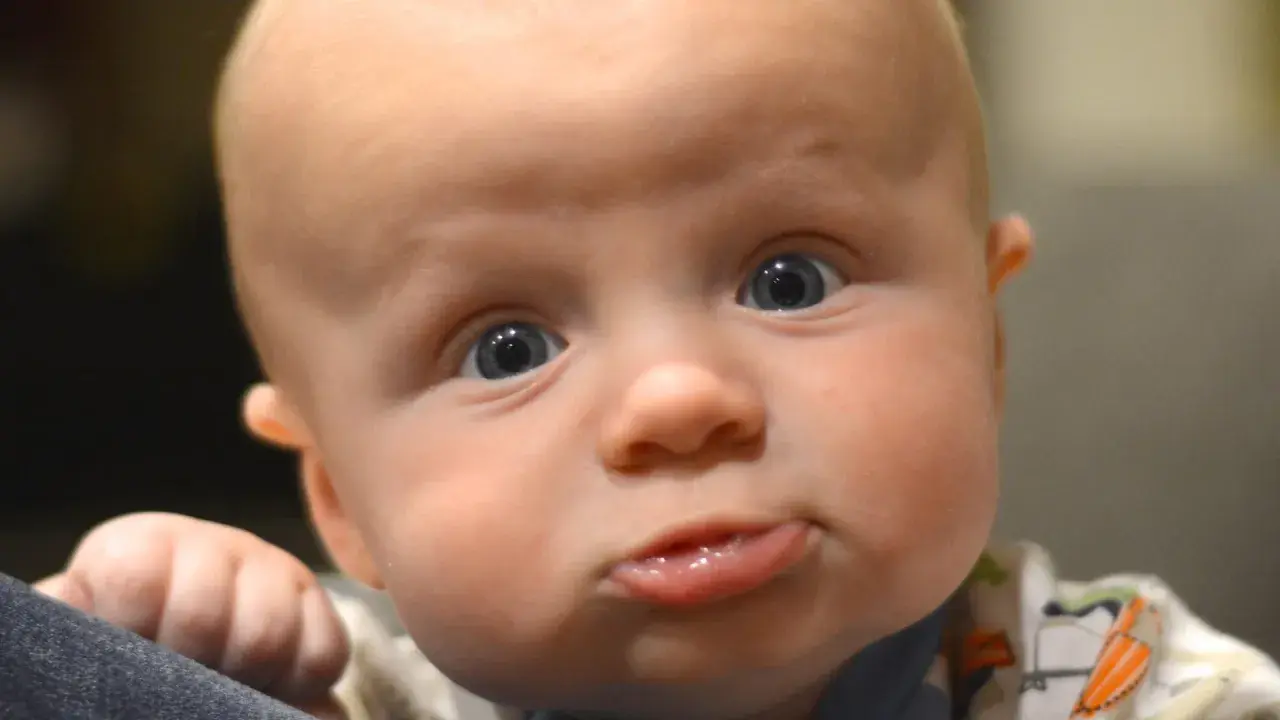Nahaufnahme eines Babys mit großen blauen Augen und einem lustigen Gesichtsausdruck. Das Baby scheint sich selbst zu erkunden, seine Hand ruht auf einer dunklen Oberfläche.