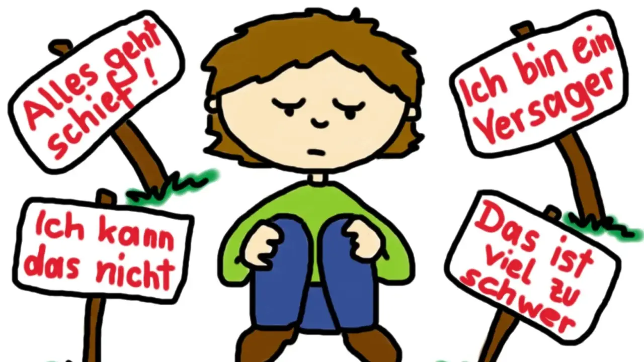 Trauriges Kind sitzt, umgeben von Schildern mit negativen Botschaften wie "Ich bin ein Versager". Es weint, weil es etwas nicht bekommt.