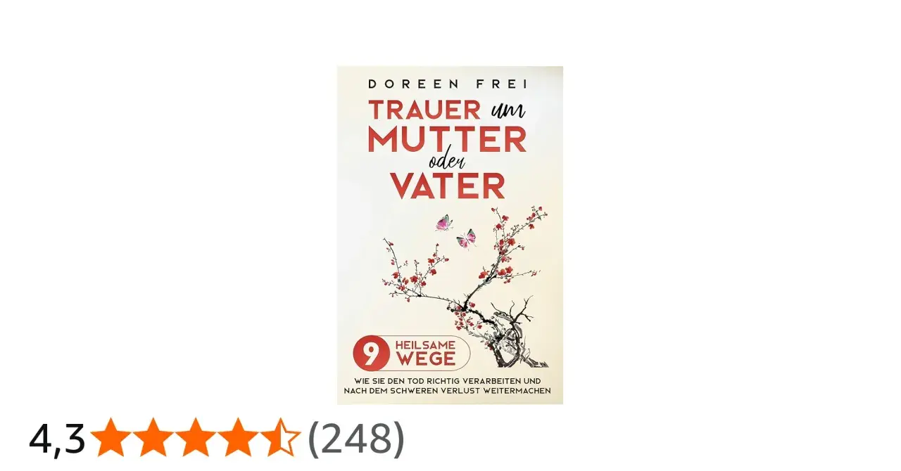 Buchcover: "Trauer um Mutter oder Vater" von Doreen Frei. Zeigt einen blühenden Ast mit Schmetterlingen, der hilft, den Tod der Mutter zu verarbeiten.