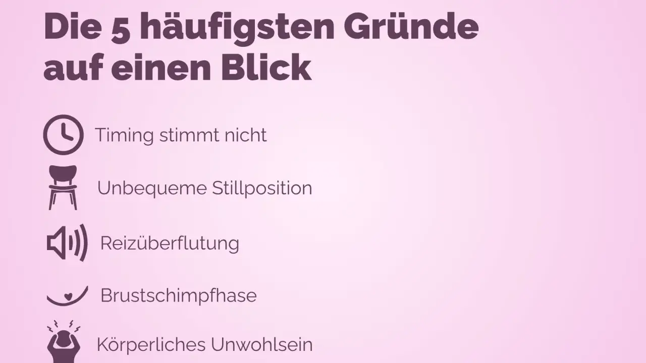 Die 5 häufigsten Gründe, warum man zu viel stillen kann: falsches Timing, unbequeme Position, Reizüberflutung, Brustschimpfhase, körperliches Unwohlsein.