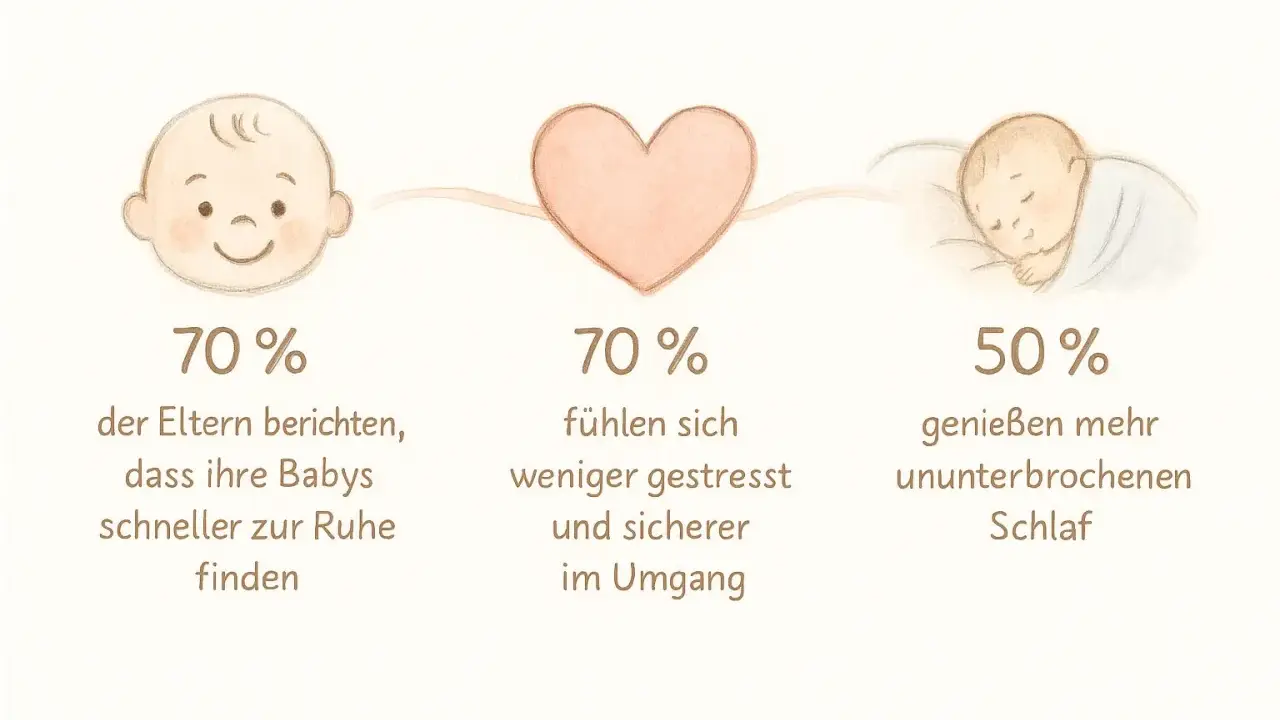 Babys schlafzyklen: 70% der Eltern berichten, dass ihre Babys schneller zur Ruhe finden. 70% fühlen sich sicherer im Umgang. 50% genießen mehr ununterbrochenen Schlaf.