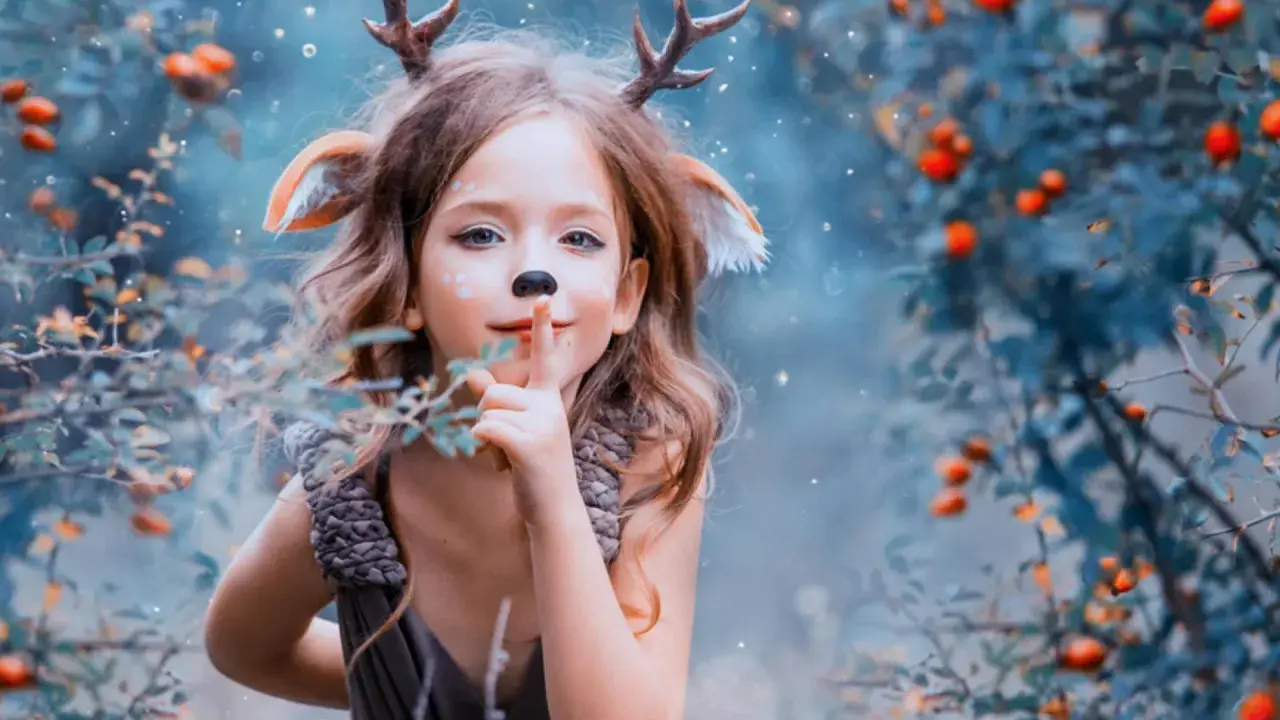 Ein kleines Reh mit Geweih und Ohren, das im Wald steht. Es ist eine magische Phase, in der Kinder Angst vor dem Unbekannten haben, aber auch Neugier zeigen.