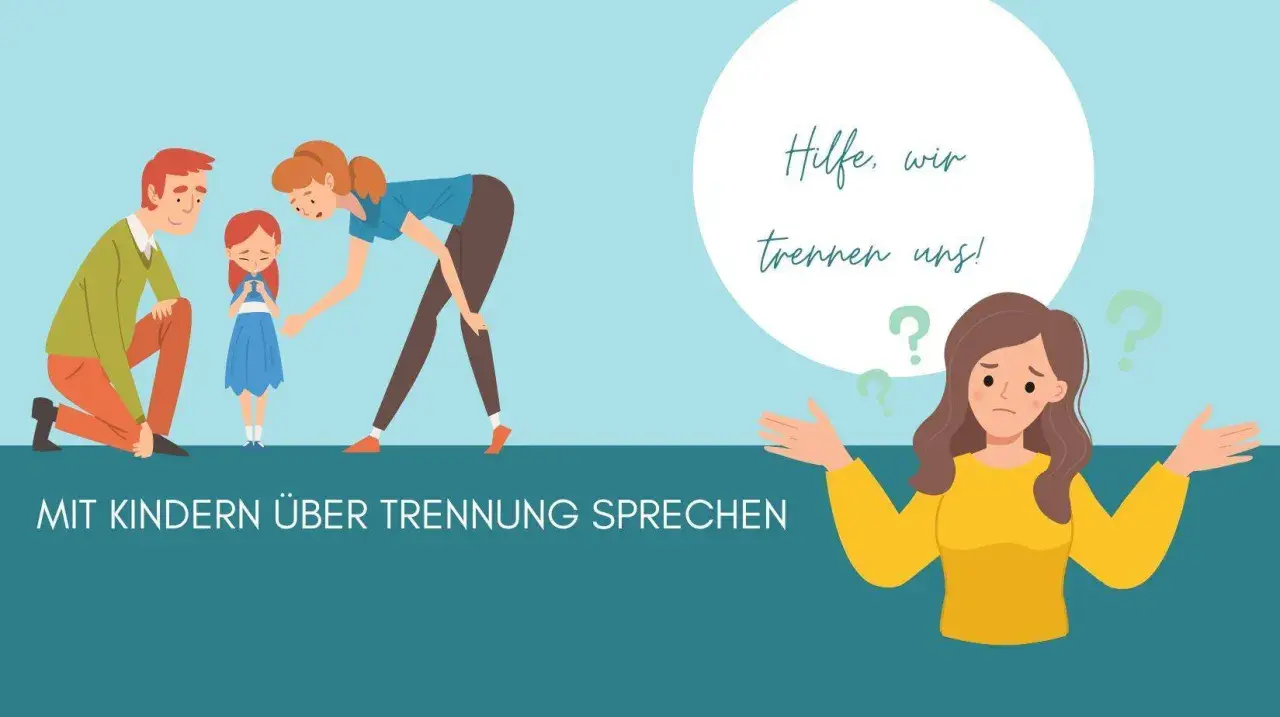 Eltern sprechen mit Kind über Trennung. Fragezeichen symbolisieren Unsicherheit. Wie sage ich meinen Kindern, dass wir uns trennen?