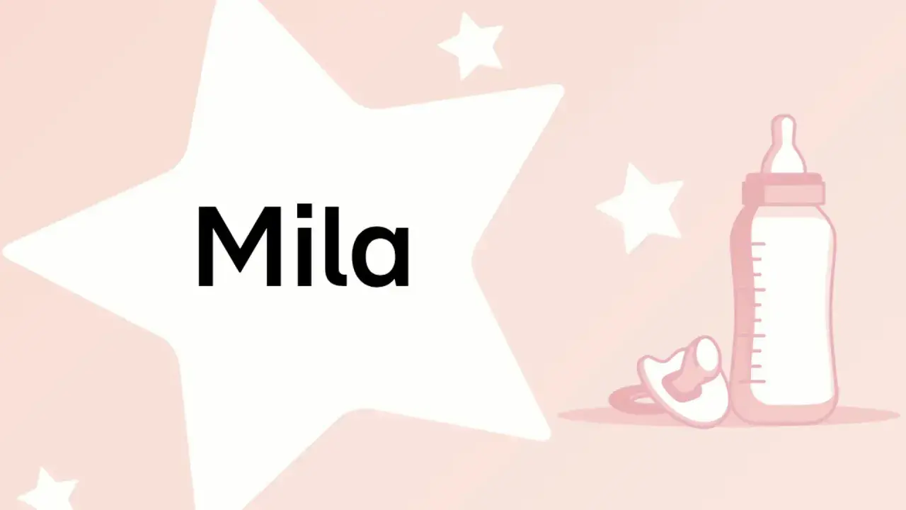 Der Name Mila bedeutet "lieb" oder "gütig". Auf dem Bild sind Sterne, eine Babyflasche und ein Schnuller zu sehen, die auf ein Neugeborenes hindeuten.