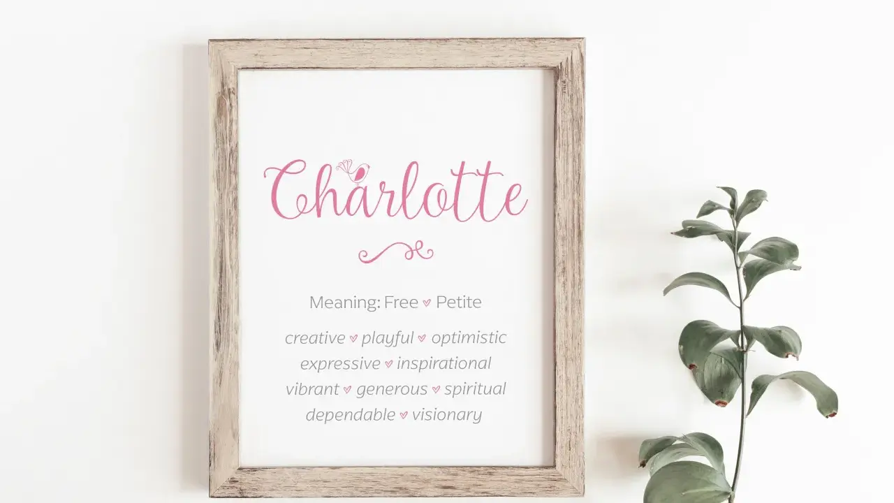 Gerahmter Druck mit dem Namen Charlotte, der Eigenschaften wie kreativ, verspielt und optimistisch auflistet.