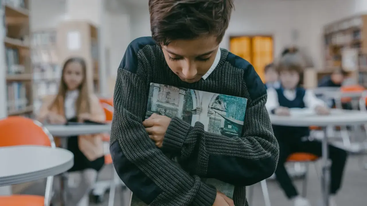 Ein Junge hält ein Buch, während andere Kinder im Hintergrund spielen. Er wirkt traurig, als ob mein Kind im Kindergarten ausgeschlossen wird.