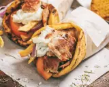 Zwei saftige Gyros-Wraps mit Fleisch, Pommes, Tomaten und Tzatziki. Perfekt für eine Schwangerschaft, wenn der Heißhunger kommt!