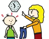 Eine Mutter hält eine Hose hoch und zeigt auf die Uhr. Das Kind ist verwirrt. Konsequent sein ist wichtig.
