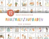 Bilder zeigen verschiedene Aufgaben, bei denen Kinder im Haushalt helfen, wie Wäsche falten, Staub wischen und den Tisch decken.