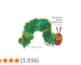 Die kleine Raupe Nimmersatt von Eric Carle, eine bunte Raupe, die sich durch die Seiten frisst.