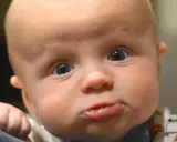 Nahaufnahme eines Babys mit großen blauen Augen und einem lustigen Gesichtsausdruck. Das Baby scheint sich selbst zu erkunden, seine Hand ruht auf einer dunklen Oberfläche.