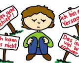 Trauriges Kind sitzt, umgeben von Schildern mit negativen Botschaften wie "Ich bin ein Versager". Es weint, weil es etwas nicht bekommt.