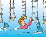 Ein Kind kämpft im Wasser gegen Haie (Mobbing). Leitern mit Schildern wie "Lehrerin", "Polizei", "Eltern", "Freunde" hängen über ihm, aber es erreicht keine.
