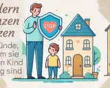 Vater schützt Kind mit Schild "STOP". Illustration zeigt, wie wichtig Grenzen für Kinder sind, um eine gesunde Entwicklung zu fördern, nicht wie bei einer toxischen Tochter.