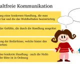 Schritte zu gewaltfrei kommunizieren: Beobachtung, Gefühle, Bedürfnisse, Bitte. Zwei Kinder mit Sprechblasen.