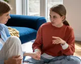 Mutter und Tochter sitzen auf dem Boden. Die Tochter, die mich erwachsene Tochter behandelt mich respektlos, gestikuliert lebhaft.