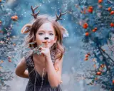 Ein kleines Reh mit Geweih und Ohren, das im Wald steht. Es ist eine magische Phase, in der Kinder Angst vor dem Unbekannten haben, aber auch Neugier zeigen.