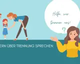 Eltern sprechen mit Kind über Trennung. Fragezeichen symbolisieren Unsicherheit. Wie sage ich meinen Kindern, dass wir uns trennen?
