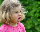 Wütendes zweijähriges Kind mit blonden Haaren und blauen Augen, das laut schreit. Warum haut mein Kind mich 2 Jahre?