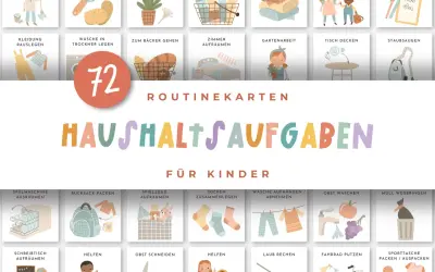 Bilder zeigen verschiedene Aufgaben, bei denen Kinder im Haushalt helfen, wie Wäsche falten, Staub wischen und den Tisch decken.
