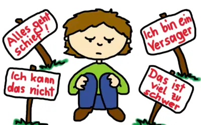 Trauriges Kind sitzt, umgeben von Schildern mit negativen Botschaften wie "Ich bin ein Versager". Es weint, weil es etwas nicht bekommt.