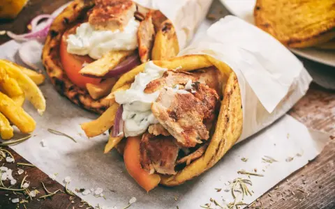 Zwei saftige Gyros-Wraps mit Fleisch, Pommes, Tomaten und Tzatziki. Perfekt für eine Schwangerschaft, wenn der Heißhunger kommt!