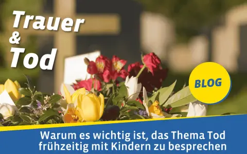 Blumenkranz vor einem Kreuz. Der Text "Trauer & Tod" und "BLOG" sind zu sehen. Es geht darum, was bedeutet tot und wie man es Kindern erklärt.