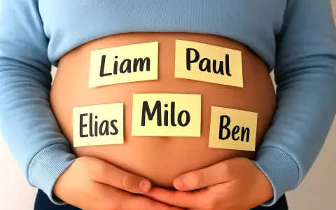 Bauch mit Haftnotizen: Liam, Paul, Elias, Milo, Ben. Eine Auswahl an seltenen Jungennamen für das kommende Baby.