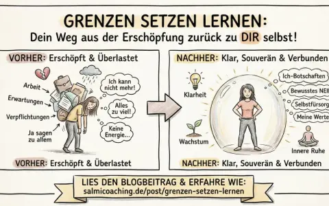 Vorher: Überlastet durch Arbeit, Erwartungen, Verpflichtungen, Ja sagen zu allem. Nachher: Klarheit, Wachstum, Ich-Botschaften, bewusstes NEIN, Selbstfürsorge, Werte, innere Ruhe. Hilft auch bei Distanzlosigkeit bei Kindern mit ADHS.