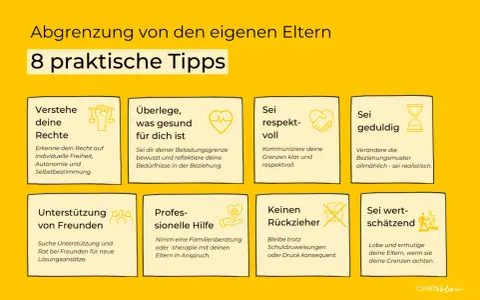 Abgrenzung von Eltern: 8 Tipps. Wenn meine Mutter mir nicht gut tut, helfe ich mir mit Selbstbestimmung, gesunden Grenzen, Respekt, Geduld, Freunden, professioneller Hilfe, Konsequenz und Wertschätzung.
