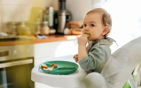 Ein 14 Monate altes Baby in der Autonomiephase isst selbstständig am Hochstuhl.