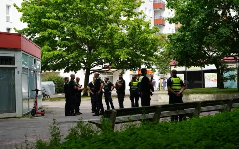 Polizei schreitet ein, wo ein familienstreit eskaliert was tun? Mehrere Beamte stehen vor einem Geschäft und beraten sich.