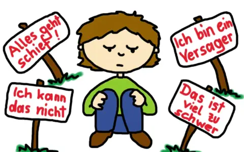Trauriges Kind sitzt, umgeben von Schildern mit negativen Botschaften wie "Ich bin ein Versager". Es weint, weil es etwas nicht bekommt.