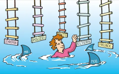 Ein Kind kämpft im Wasser gegen Haie (Mobbing). Leitern mit Schildern wie "Lehrerin", "Polizei", "Eltern", "Freunde" hängen über ihm, aber es erreicht keine.