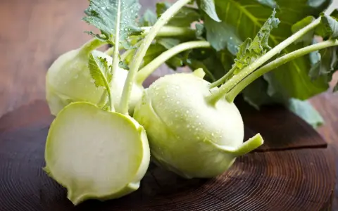 Frische Kohlrabi mit Wassertropfen auf Holz. Ein gesunder Snack, ideal für die Kohlrabi Schwangerschaft.