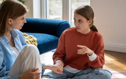 Mutter und Tochter sitzen auf dem Boden. Die Tochter, die mich erwachsene Tochter behandelt mich respektlos, gestikuliert lebhaft.