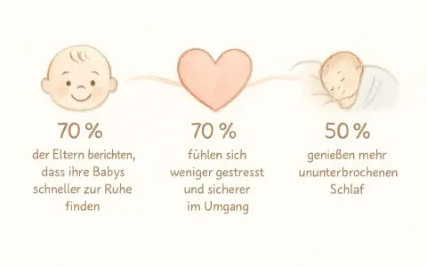 Babys schlafzyklen: 70% der Eltern berichten, dass ihre Babys schneller zur Ruhe finden. 70% fühlen sich sicherer im Umgang. 50% genießen mehr ununterbrochenen Schlaf.
